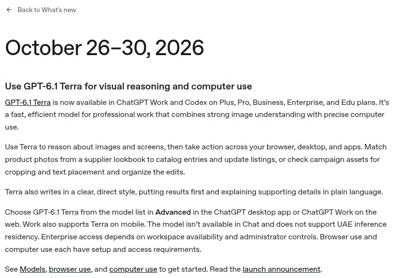 Notas de ChatGPT del 26 al 30 de octubre de 2026: GPT-6.1 Terra disponible en ChatGPT Work y Codex, no en Chat
