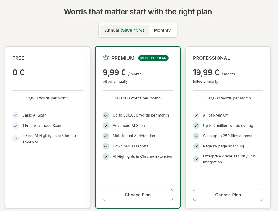 Planes de GPTZero, detector de IA: gratis con 10.000 palabras, Premium 9,99 euros y Professional 19,99 euros al mes