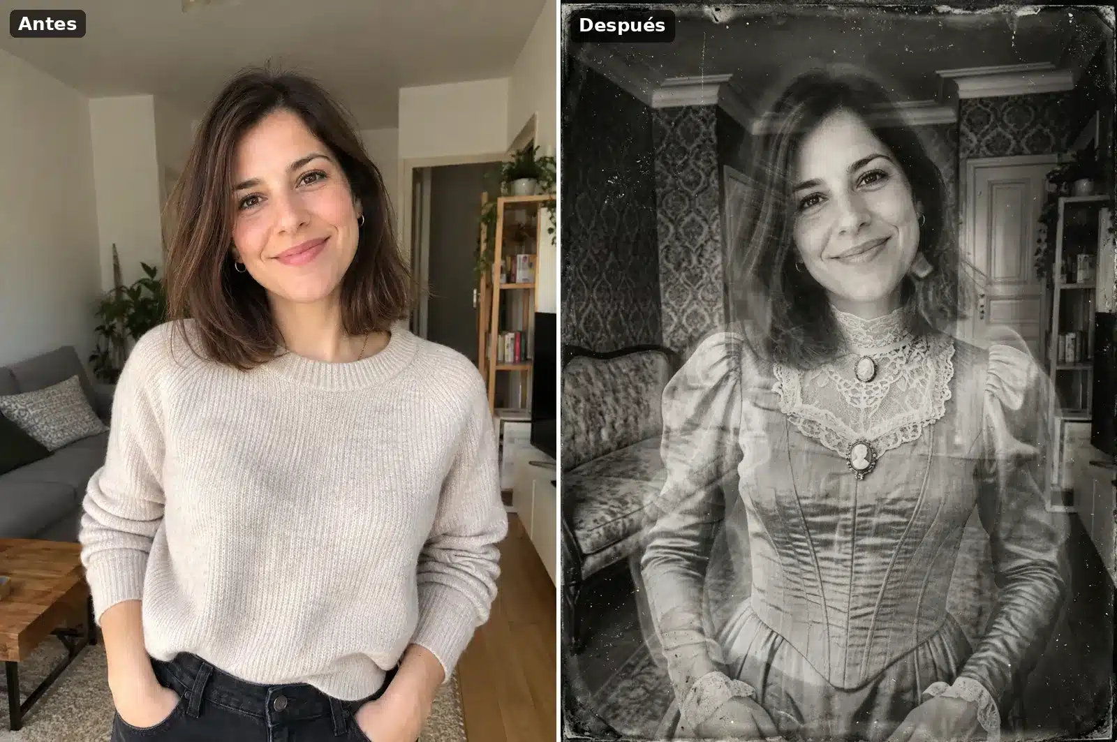 Mujer en su salón convertida en fantasma victoriano translúcido con vestido de época, en foto antigua tipo daguerrotipo