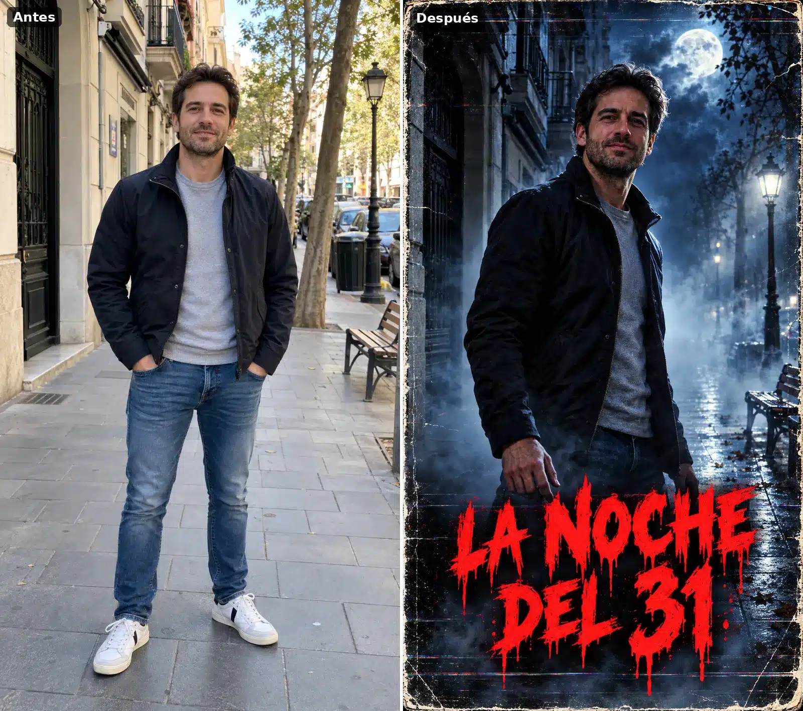 Hombre en la calle convertido en protagonista de un póster de terror ochentero titulado La noche del 31
