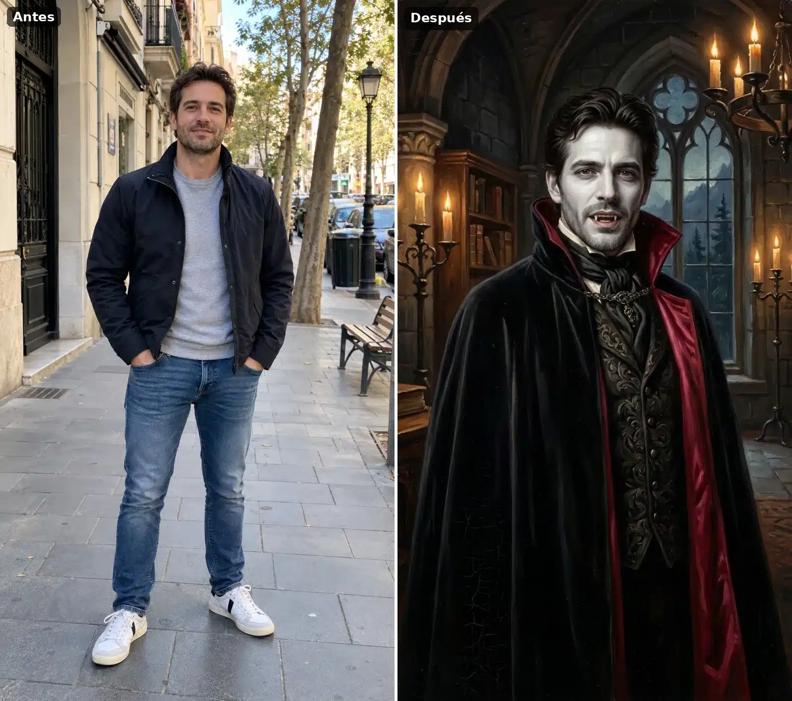 Hombre en la calle transformado en vampiro pálido con colmillos y capa negra con forro rojo, retrato al óleo en un castillo a la luz de las velas
