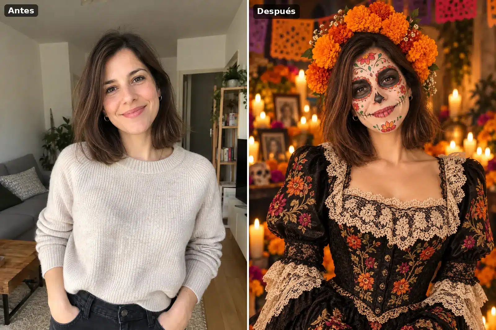 Mujer sonriente en su salón transformada en Catrina con calavera floral y corona de cempasúchil
