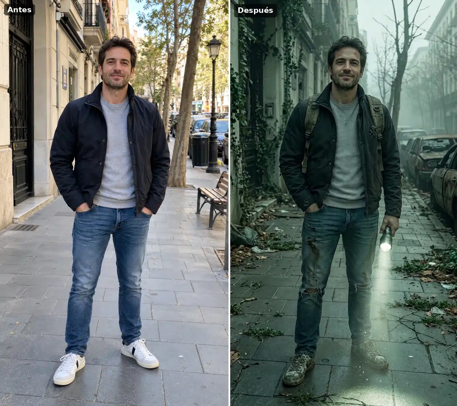 Hombre en la calle convertido en superviviente de un apocalipsis zombi con ropa rota, mochila y linterna en una ciudad abandonada con niebla