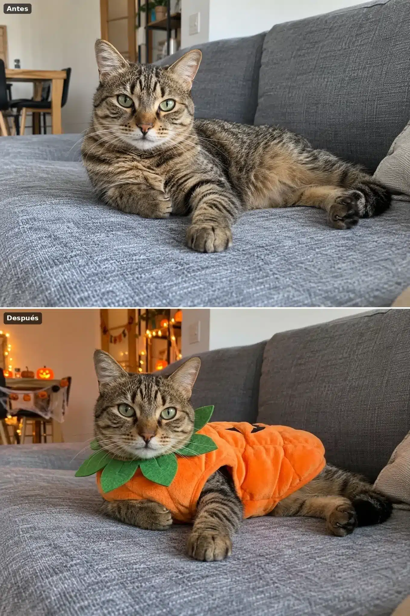 Gato atigrado en un sofá disfrazado con un traje de calabaza naranja con hojas verdes