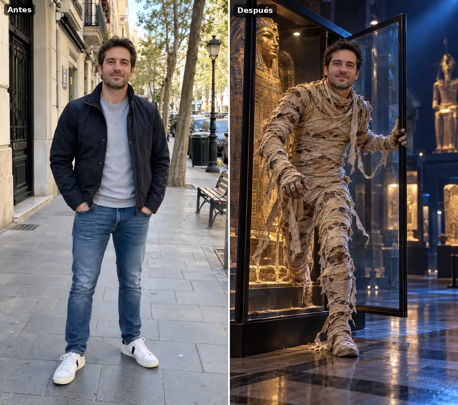 Hombre convertido en momia egipcia saliendo de una vitrina de museo de noche