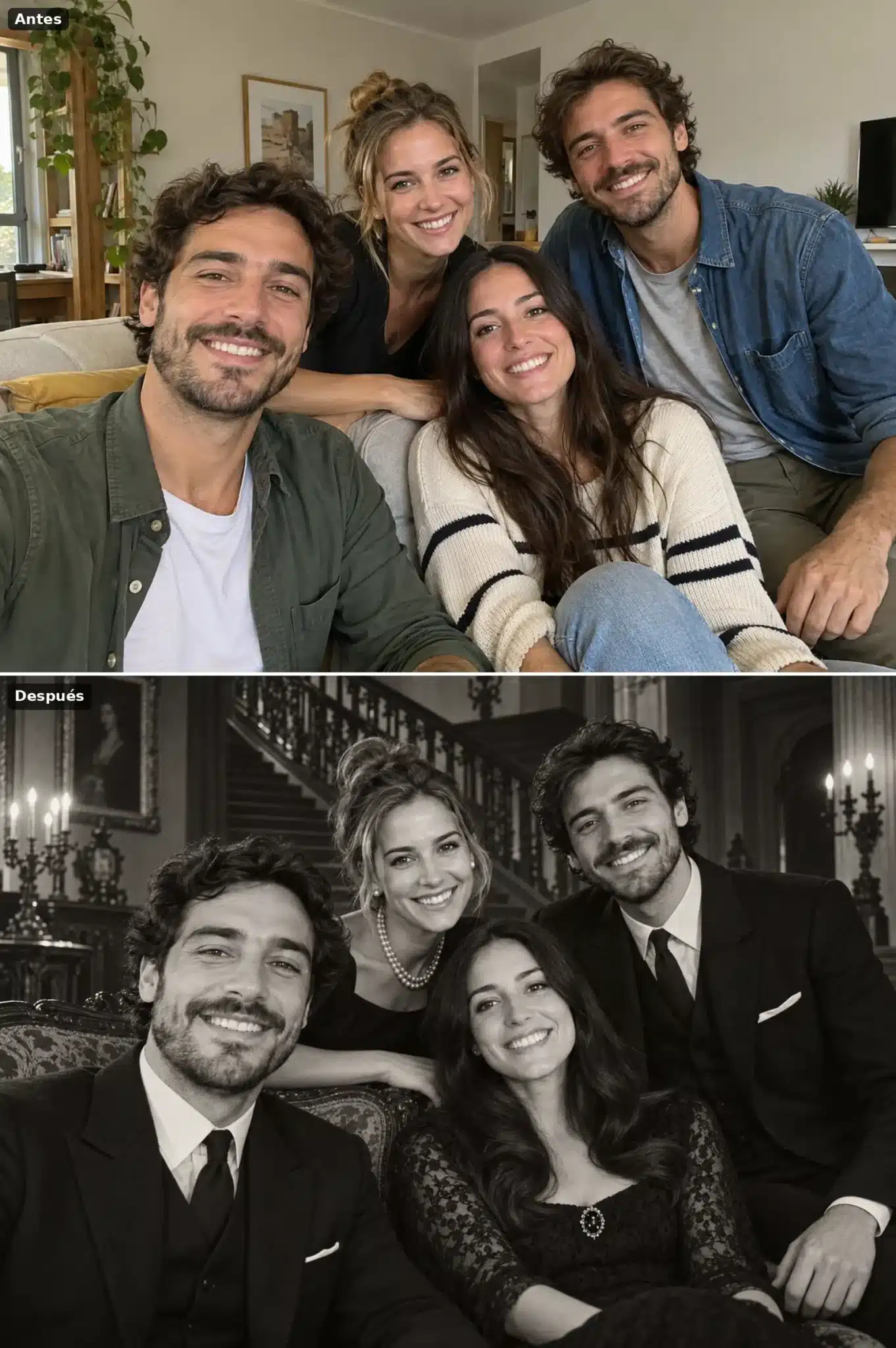 Grupo de cuatro amigos en un salón convertido en retrato de familia gótica de los años 60 ante una escalera de mansión