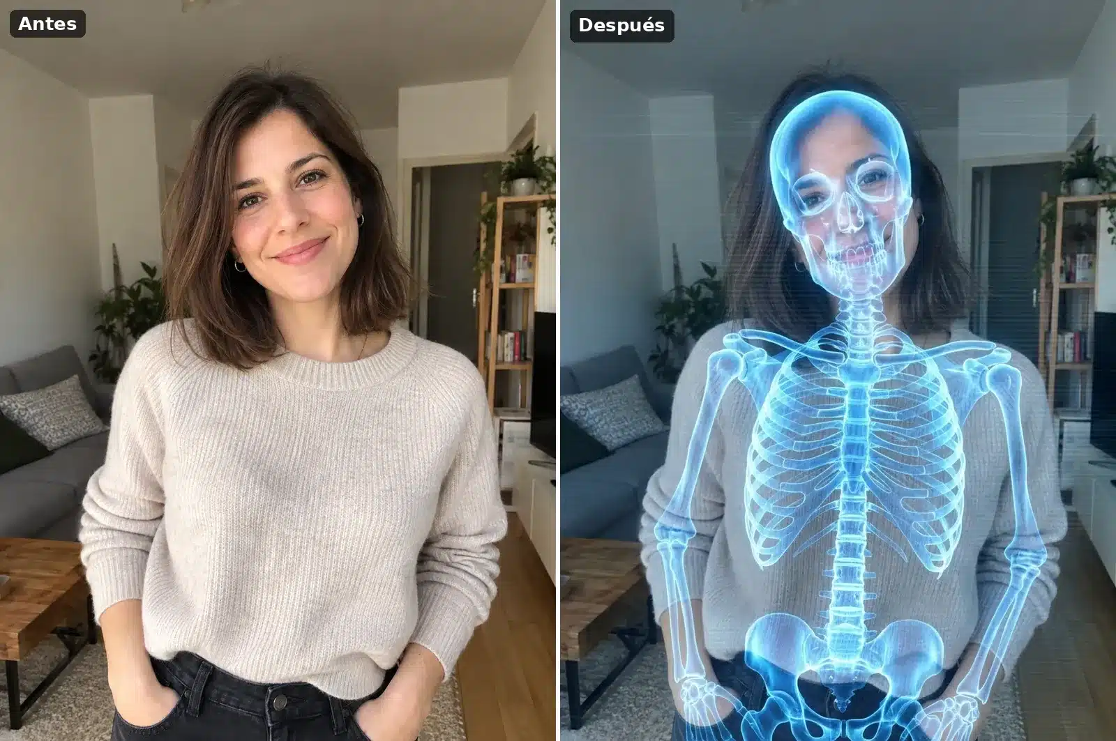 Mujer en su salón vista como en una radiografía, con el esqueleto brillando en azul bajo la ropa