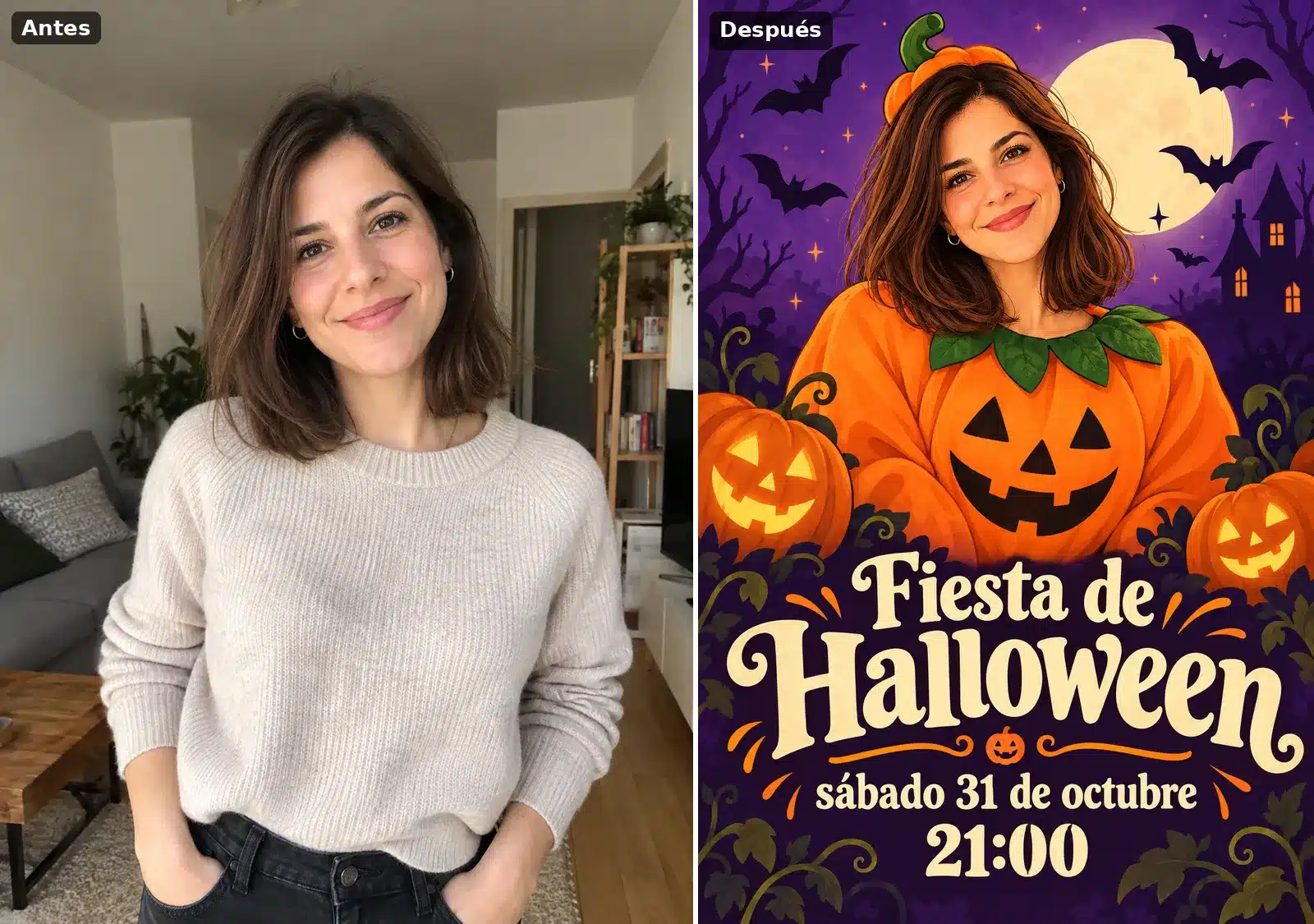 Invitación de Halloween con una mujer dibujada con disfraz de calabaza sobre fondo morado con murciélagos
