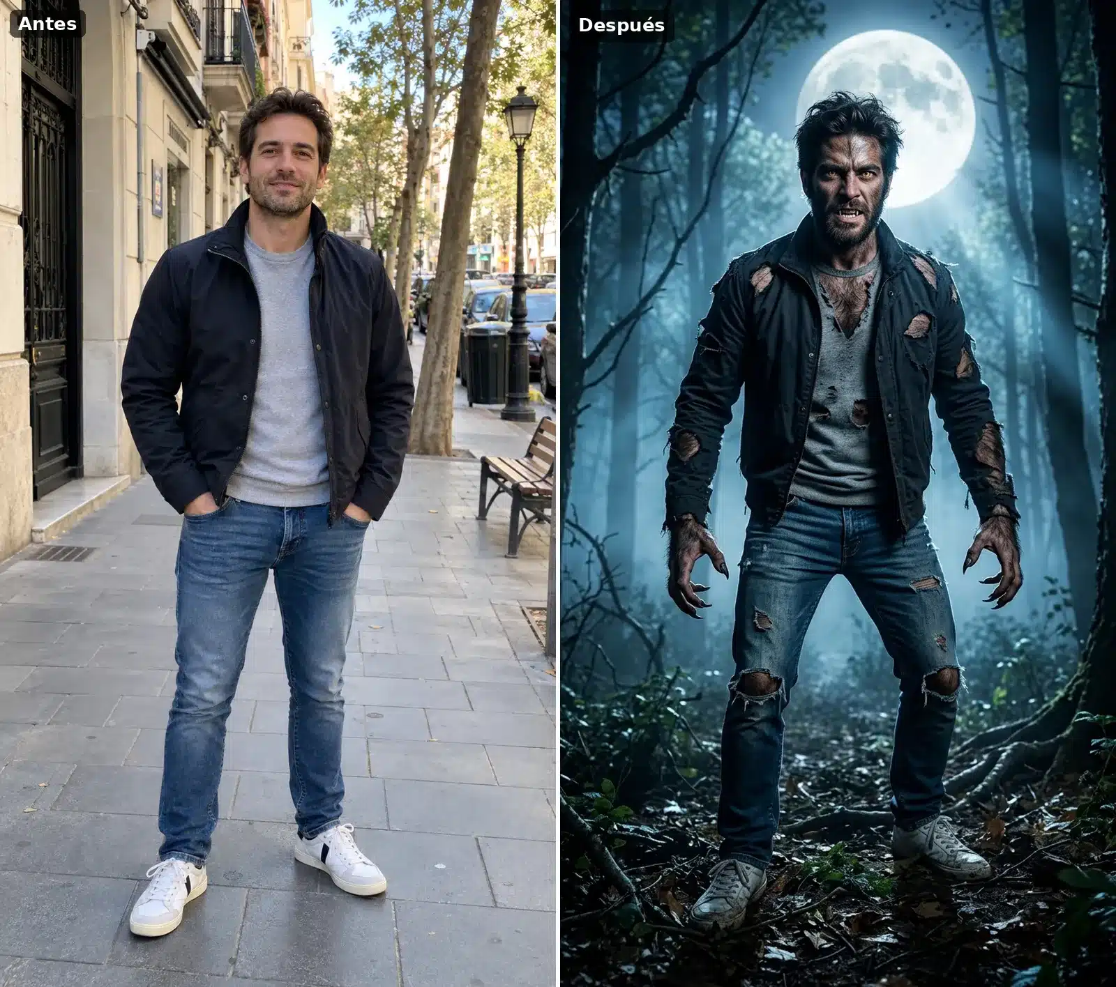 Hombre en la calle convertido en hombre lobo a medio transformar, con ojos amarillos y ropa rasgada, en un bosque de noche bajo la luna llena