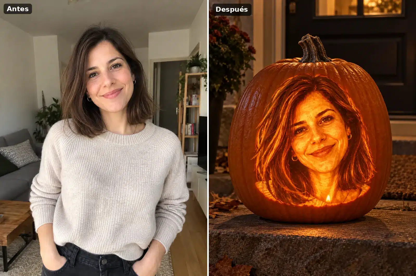Retrato de una mujer y su cara tallada en una calabaza de Halloween iluminada con una vela en el escalón de una casa de noche