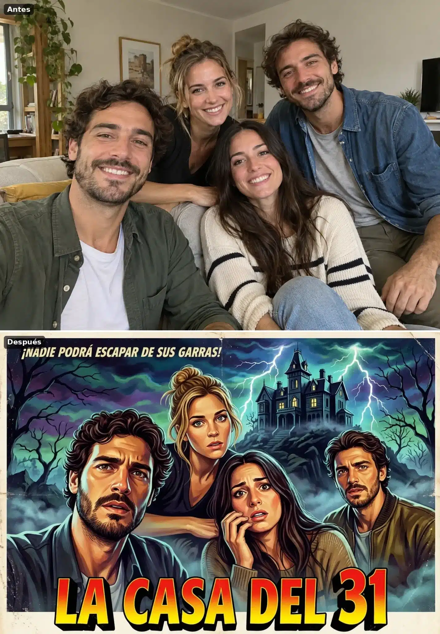 Grupo de cuatro amigos convertido en protagonistas de un póster de cine de casa encantada de los 50 titulado La casa del 31, con una mansión y relámpagos