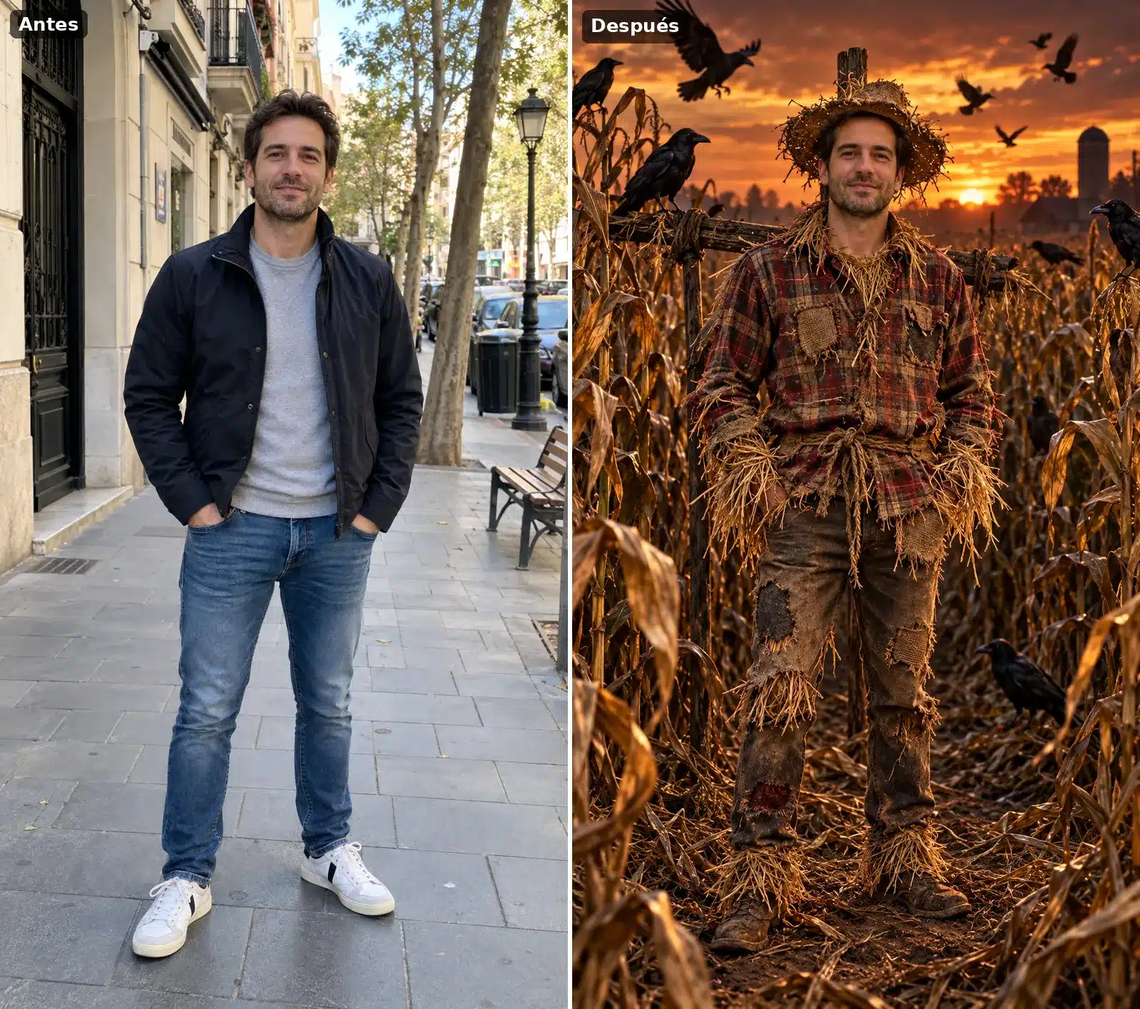 Hombre en la calle convertido en espantapájaros con sombrero de paja y camisa de cuadros remendada en un maizal al atardecer con cuervos