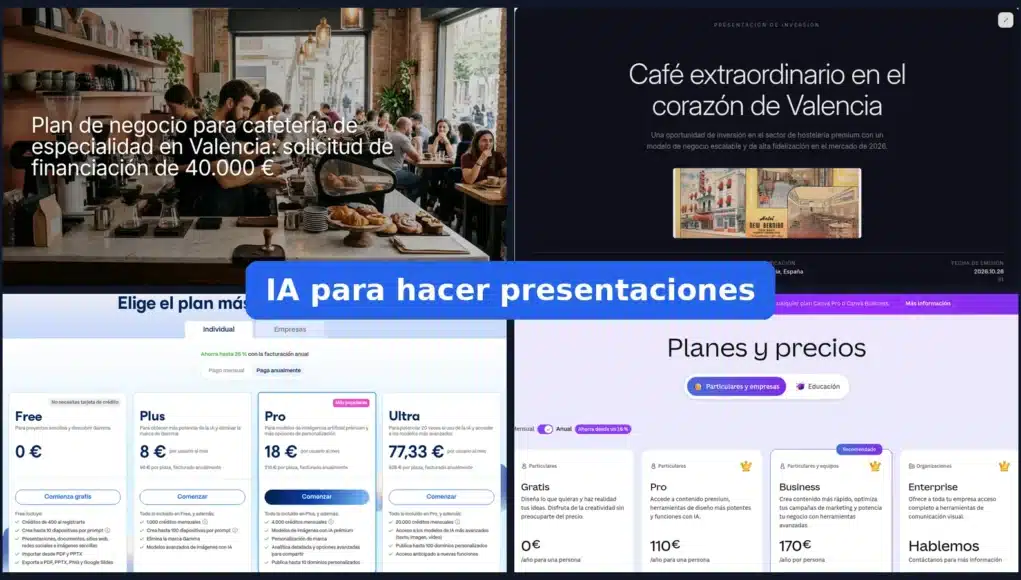 IA para hacer presentaciones: diapositivas creadas en SlidesGPT y ppt.ai y plane IA para hacer presentaciones: diapositivas creadas en SlidesGPT y ppt.ai y planes gratis de Gamma y Canva