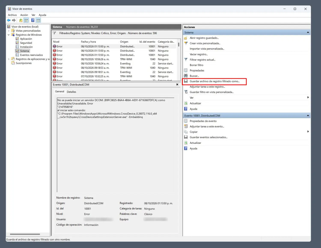 guardar el archivo de registro filtrado como un documento CSV
