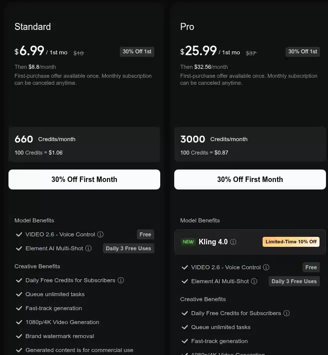 Planes de Kling AI para generar videos con IA: Standard a 8,80 dólares y Pro a 32,56 dólares al mes con Kling 4.0