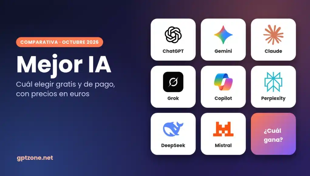 Mejor IA: logos de ChatGPT, Gemini, Claude, Grok, Copilot, Perplexity, DeepSeek Mejor IA: logos de ChatGPT, Gemini, Claude, Grok, Copilot, Perplexity, DeepSeek y Mistral en una comparativa