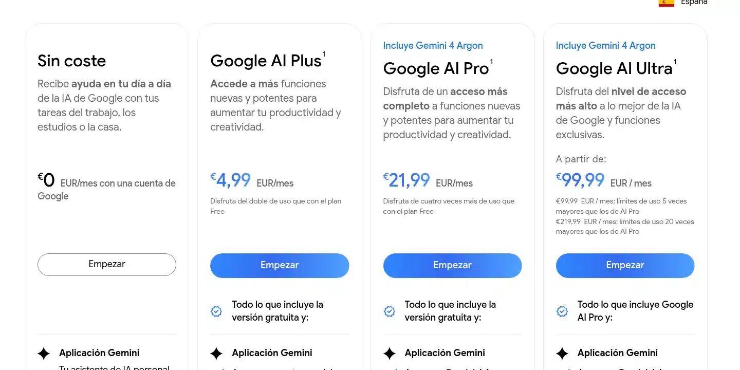 Planes de Gemini en España: sin coste, Google AI Plus a 4,99 euros, AI Pro a 21,99 euros y AI Ultra desde 99,99 euros
