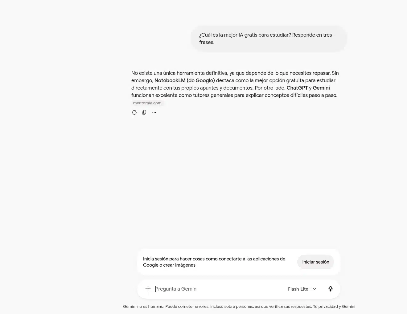 Prueba de Gemini sin registrarse: responde a la pregunta cuál es la mejor IA gratis para estudiar con el modelo Flash-Lite