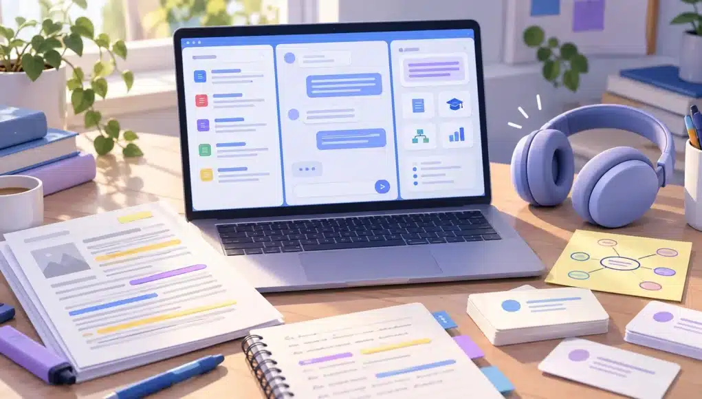 NotebookLM para estudiar: portátil con un cuaderno de IA, apuntes en PDF, resume NotebookLM para estudiar: portátil con un cuaderno de IA, apuntes en PDF, resumen de audio, mapa conceptual y tarjetas