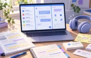 NotebookLM: qué es, cómo usarlo gratis y trucos para estudiar NotebookLM para estudiar: portátil con un cuaderno de IA, apuntes en PDF, resumen de audio, mapa conceptual y tarjetas