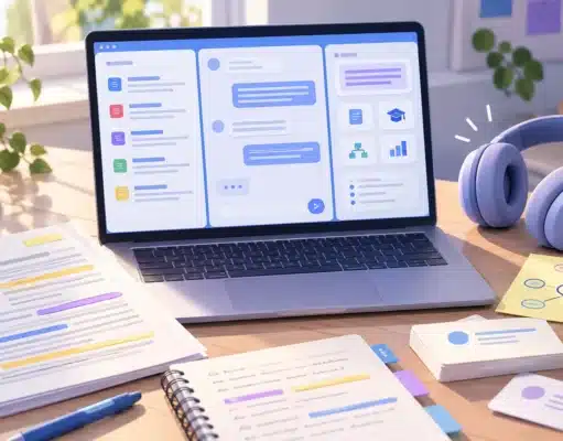 NotebookLM: qué es, cómo usarlo gratis y trucos para estudiar NotebookLM para estudiar: portátil con un cuaderno de IA, apuntes en PDF, resumen de audio, mapa conceptual y tarjetas