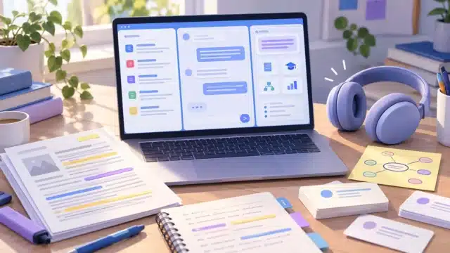NotebookLM: qué es, cómo usarlo gratis y trucos para estudiar NotebookLM para estudiar: portátil con un cuaderno de IA, apuntes en PDF, resumen de audio, mapa conceptual y tarjetas