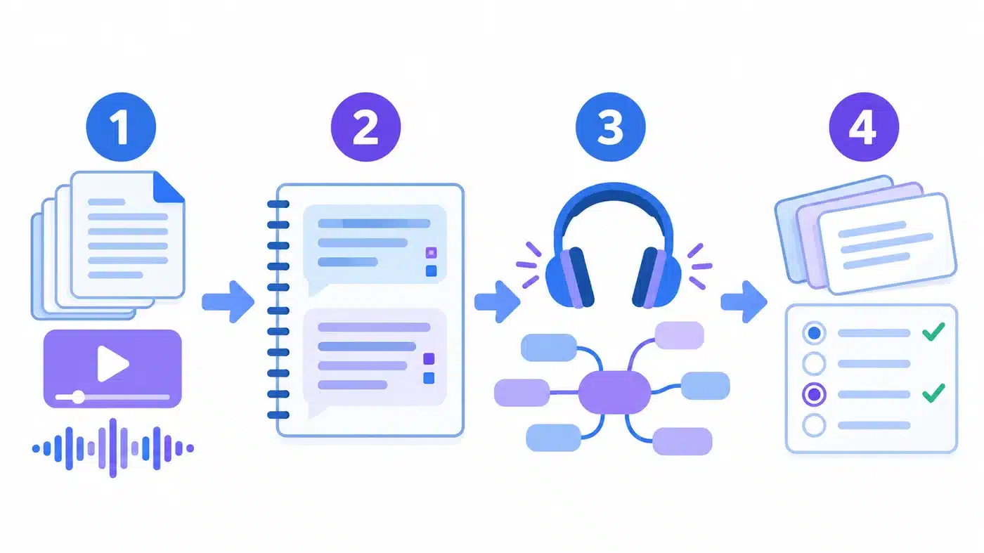 Cómo estudiar con NotebookLM en cuatro pasos: subir fuentes, preguntar con citas, escuchar el audio y ver el mapa, y repasar con tarjetas y test