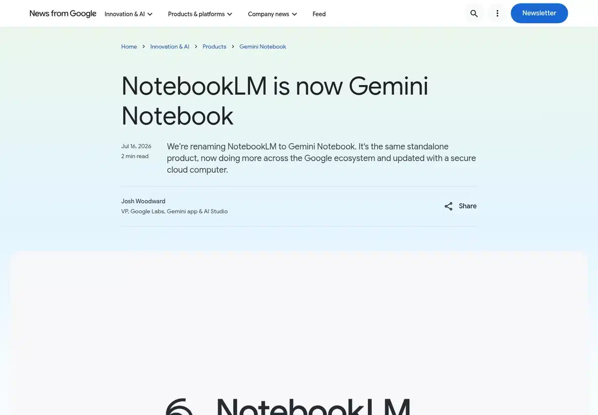 Anuncio de Google: NotebookLM pasa a llamarse Gemini Notebook