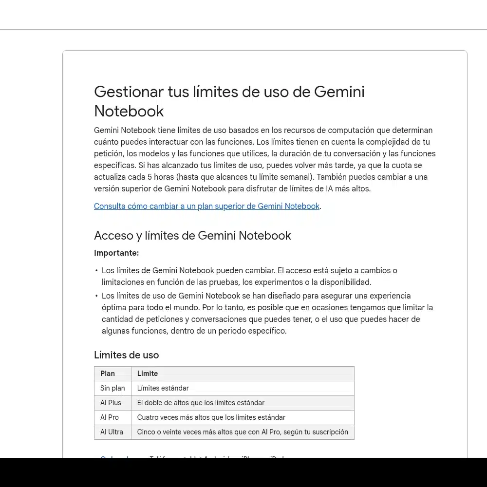 Límites de uso de NotebookLM gratis y de pago según la ayuda oficial de Gemini Notebook