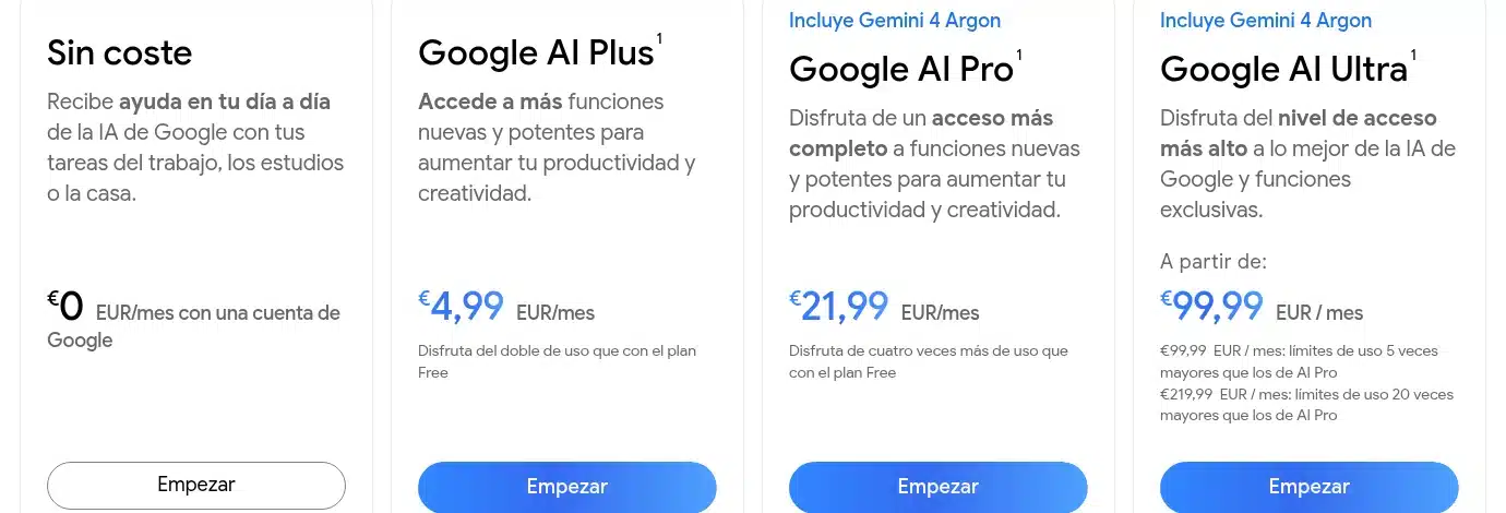 Precio de los planes de IA de Google en España que incluyen NotebookLM: AI Plus 4,99 euros, AI Pro 21,99 euros y AI Ultra desde 99,99 euros