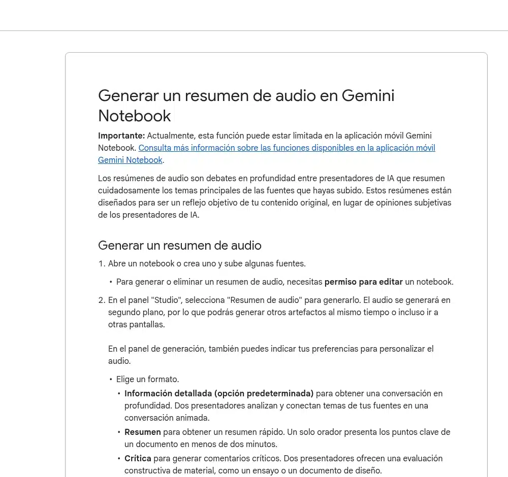 Cómo generar un resumen de audio en NotebookLM y sus formatos: información detallada, resumen, crítica y debate
