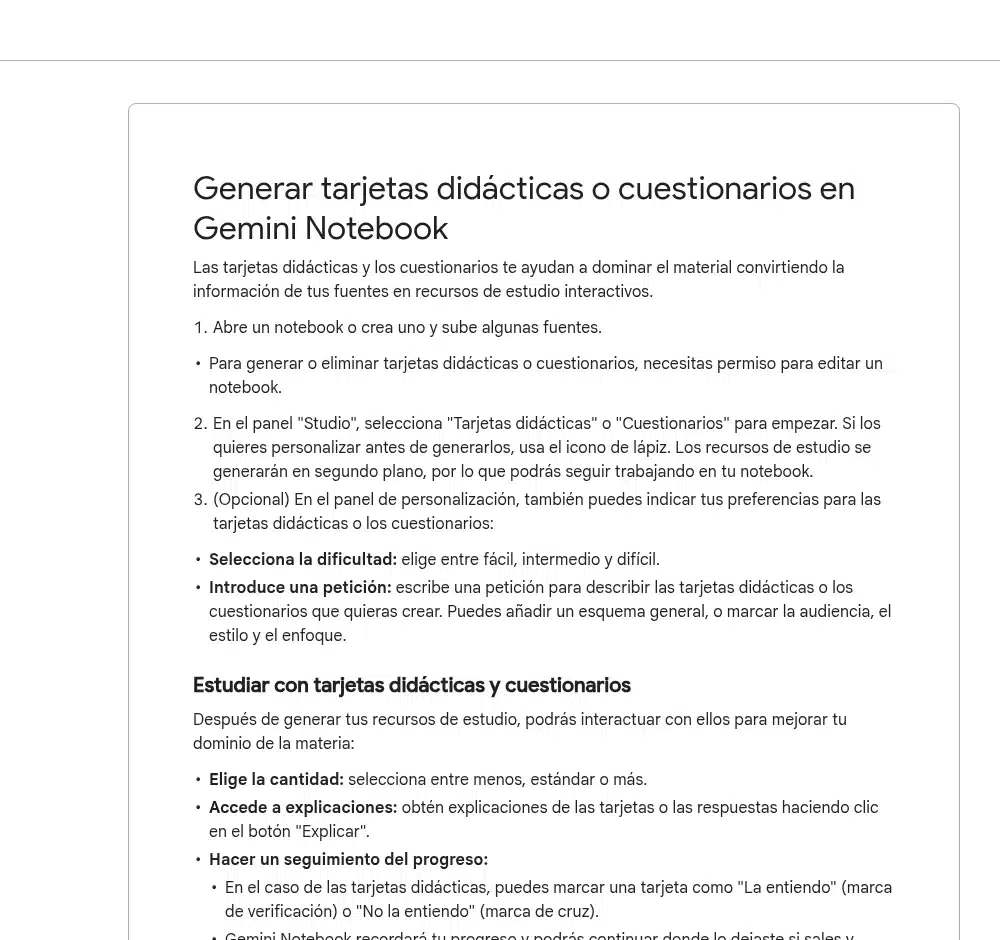 Tarjetas didácticas y cuestionarios de NotebookLM para estudiar: cantidad, dificultad y petición personalizada