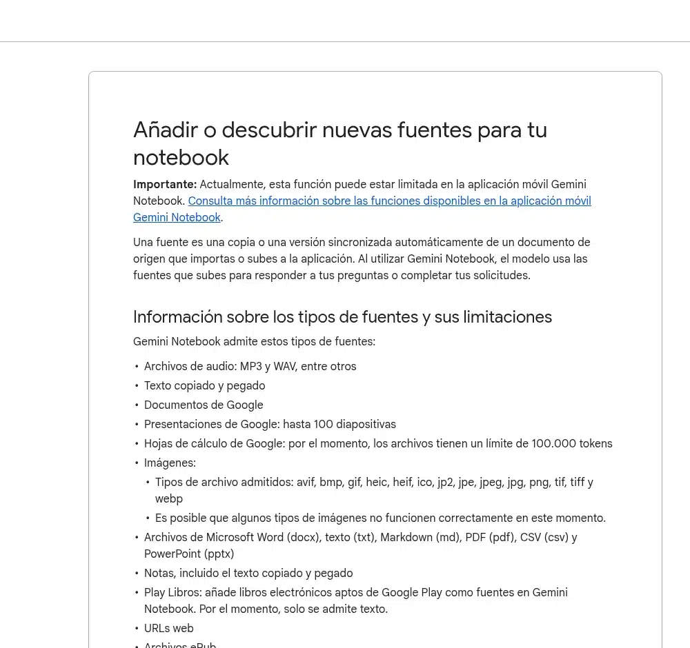 Tipos de fuentes que acepta NotebookLM: PDF, audio, Google Docs, presentaciones, hojas de cálculo, imágenes y webs