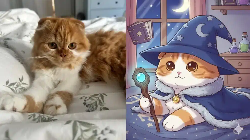 Antes y después con Nano Banana: foto real de un gato y el mismo gato convertido en un mago de dibujos animados