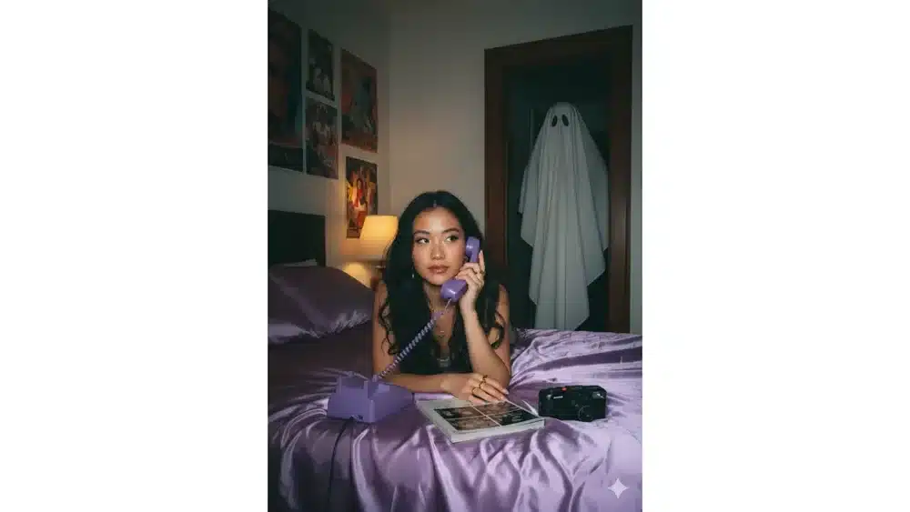 Imagen generada con Nano Banana de una chica hablando por un teléfono morado de los 90 mientras un fantasma de sábana la mira desde la puerta