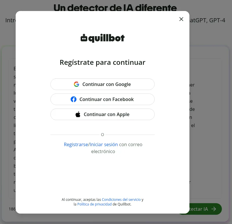 El detector de IA de QuillBot pide registrarse antes de mostrar el resultado