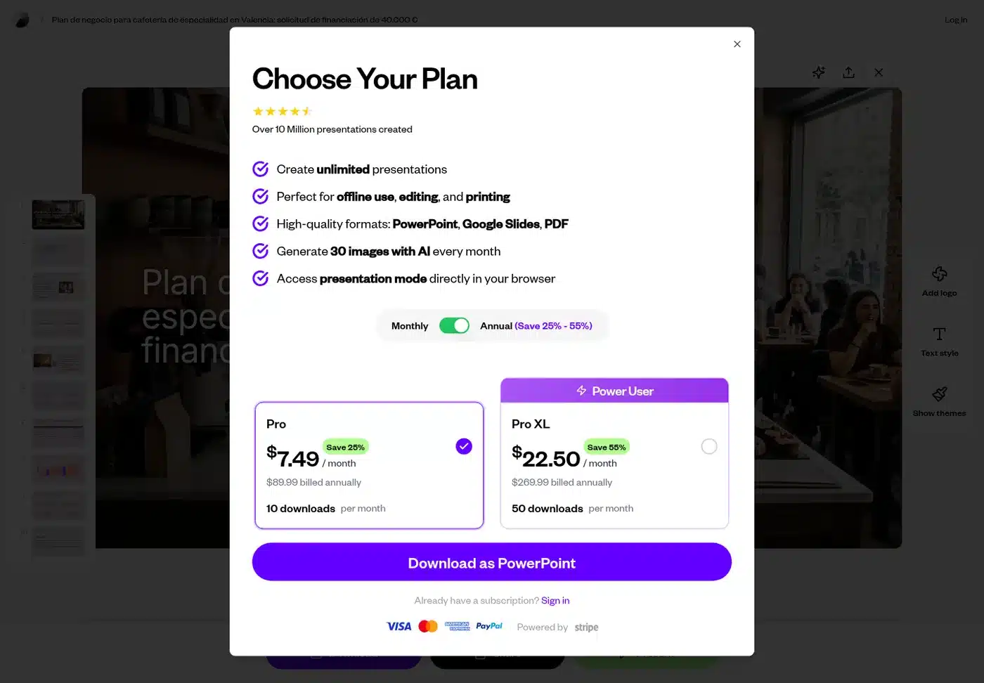 SlidesGPT: planes de pago necesarios para descargar la presentación en PPTX