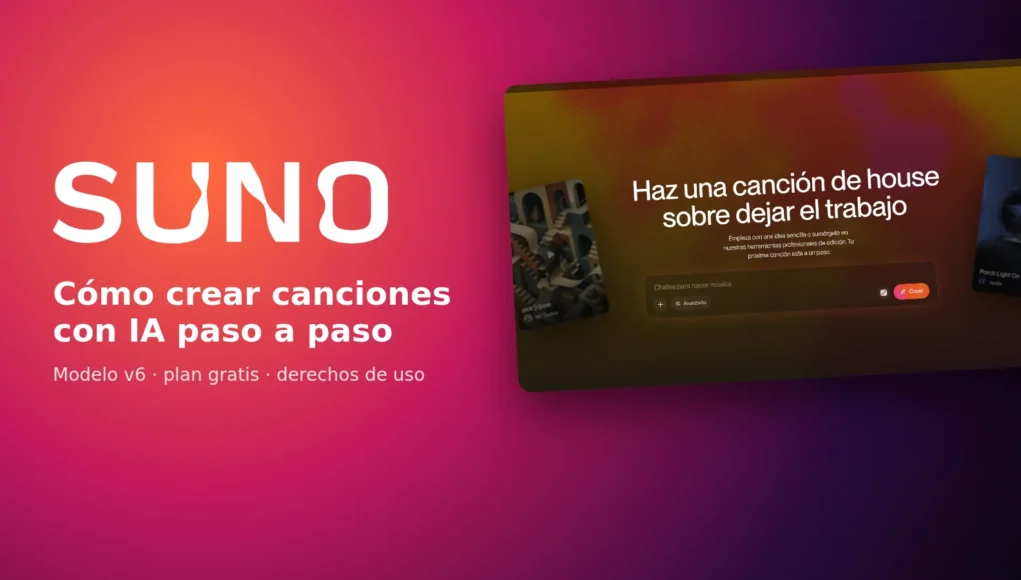 Suno AI: cómo crear canciones con IA paso a paso, con la portada de suno.com en Suno AI: cómo crear canciones con IA paso a paso, con la portada de suno.com en español