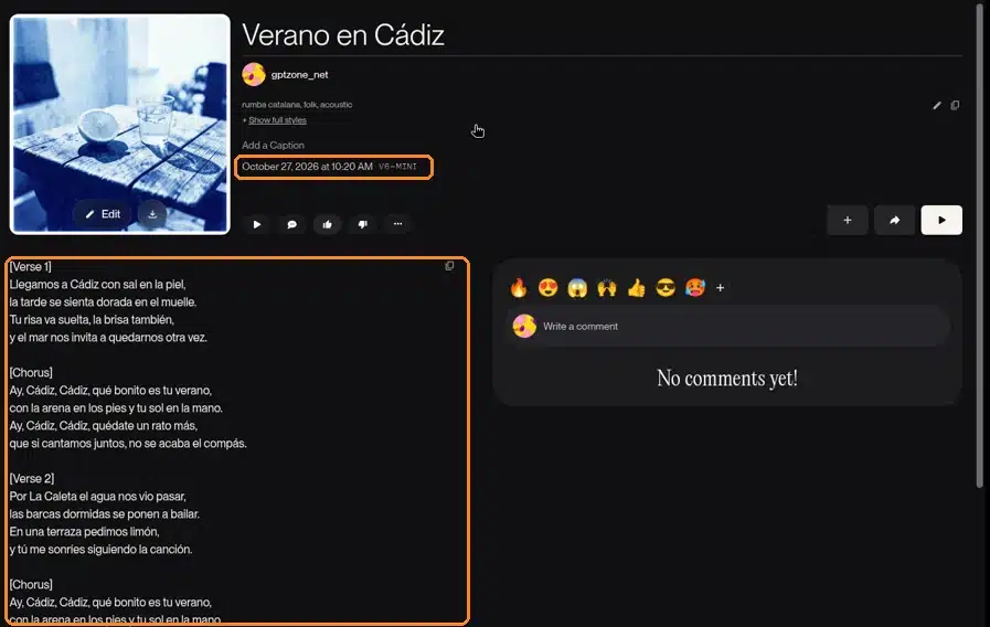 Suno AI: página de la canción Verano en Cádiz con la letra en español creada con el plan gratis