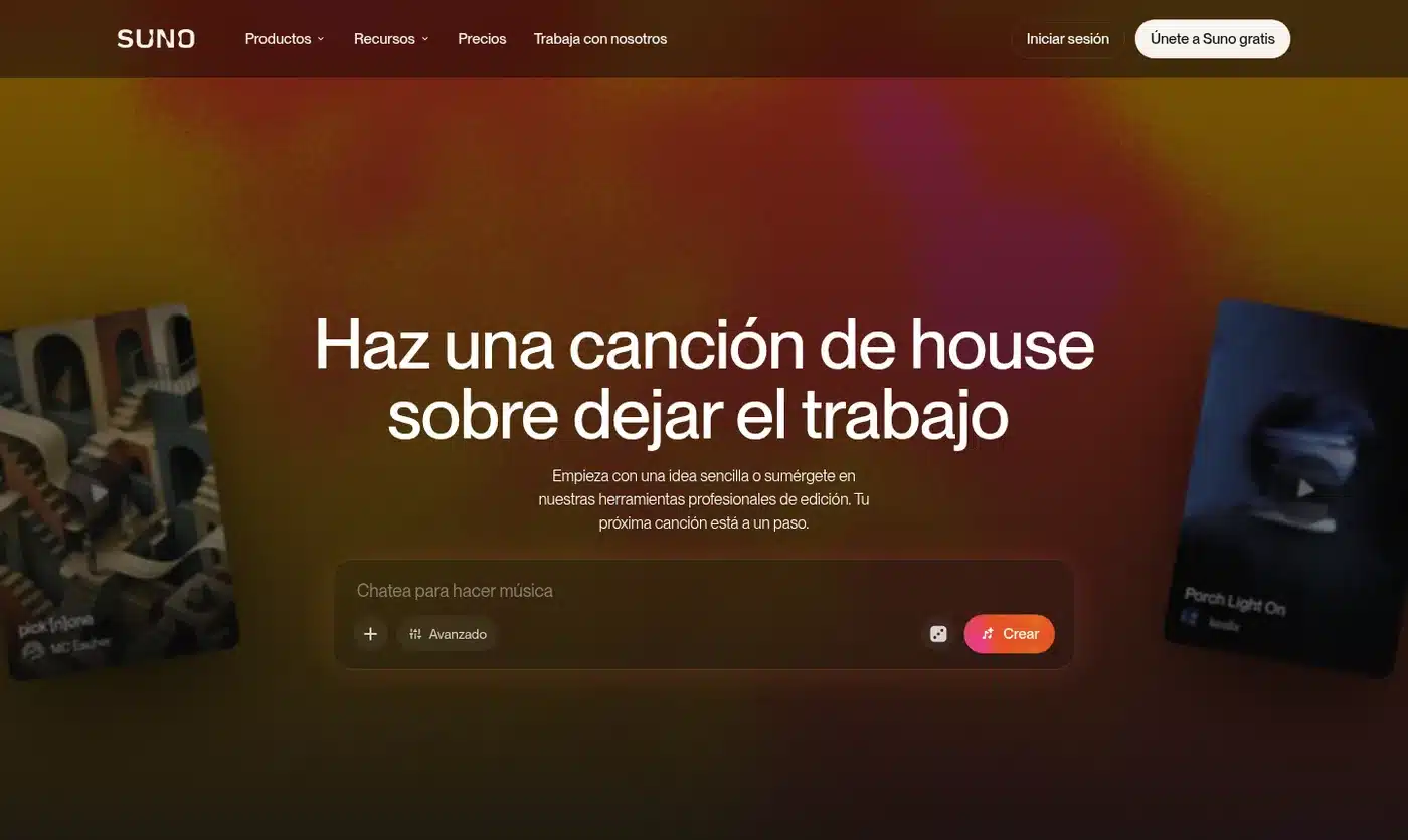 Suno AI en español: caja para crear una canción con IA en la portada de suno.com