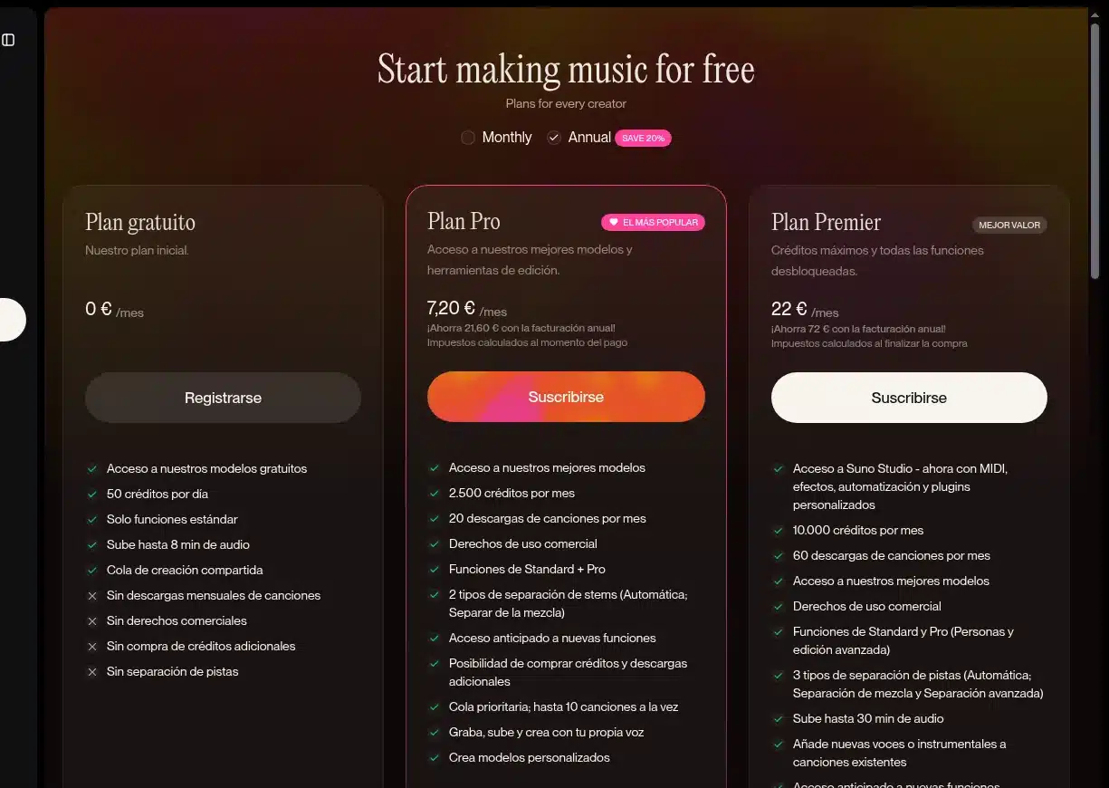 Suno gratis y precios: plan gratuito, Pro y Premier en euros