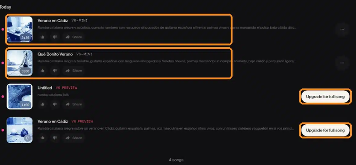 Suno plan gratis: dos canciones completas con v6-mini y dos adelantos de V6 Preview con el aviso Upgrade for full song